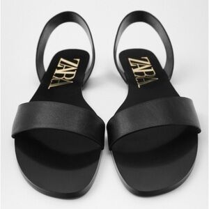 Zara Black Classy Flat Leather Sandals - Size 5.5/6